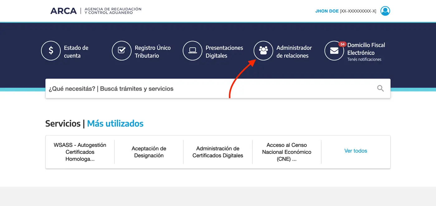 Portal de ARCA con el acceso al Administrador de Relaciones de Clave Fiscal señalado