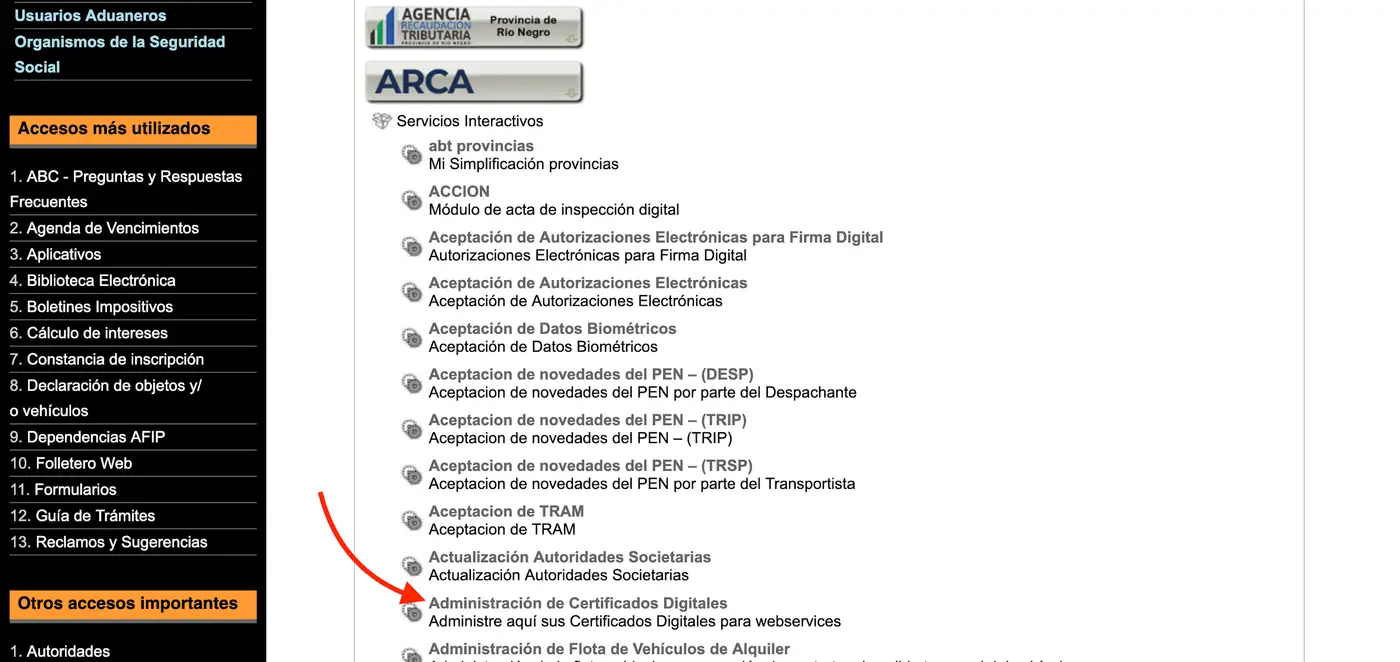 Listado de servicios interactivos de ARCA con la opción Administración de Certificados Digitales señalada