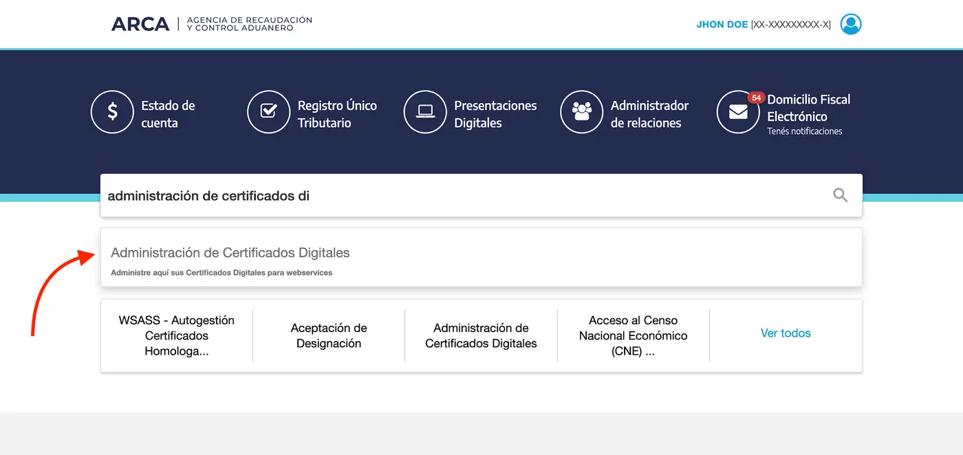 Buscador del portal de ARCA con el servicio Administración de Certificados Digitales
