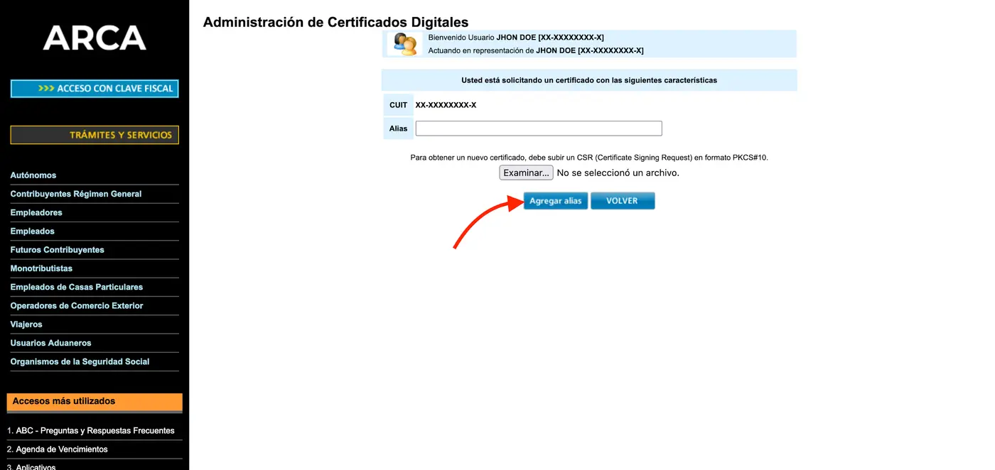 Formulario de ARCA para informar el alias y adjuntar el archivo CSR