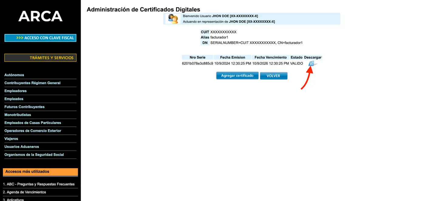 Detalle del certificado digital emitido por ARCA con el botón de descarga señalado