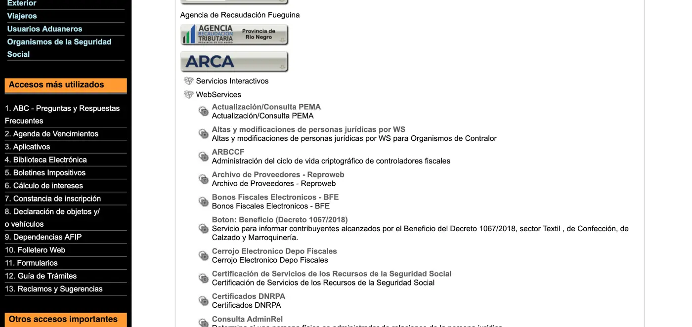 Catálogo de web services disponibles para autorizar en ARCA