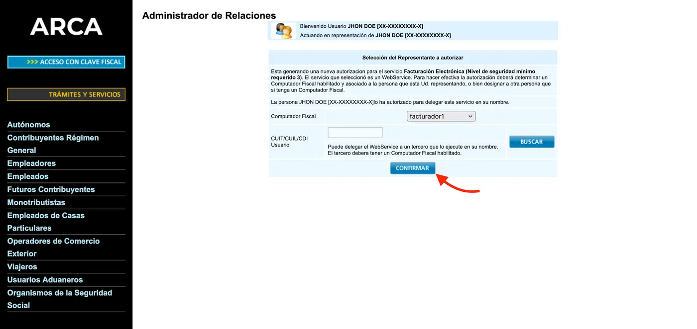 Pantalla de selección del representante a autorizar mediante el computador fiscal