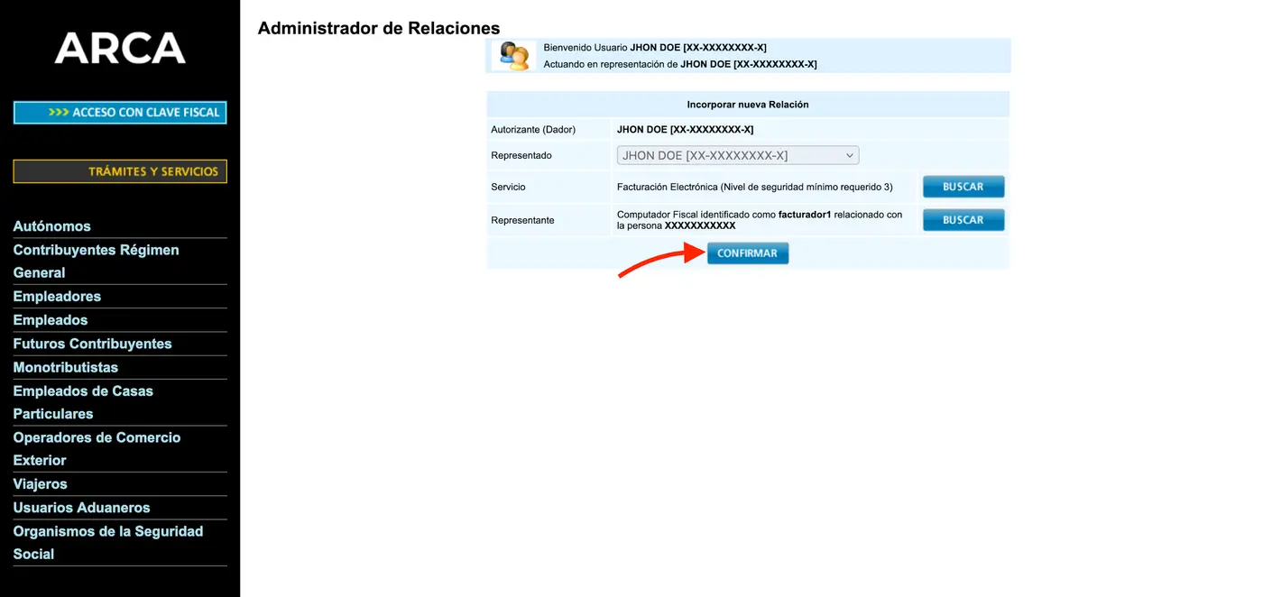 Confirmación de la relación entre contribuyente, servicio y certificado en ARCA